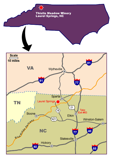 Map to Thistle Meadow Winery in Laurel Springs, NC